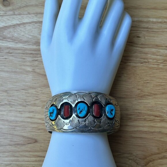 VTG Navajo Pauline Benally Size 6.25 Bracelet Turquoise Coral Sterling 52.2g - Picture 6 of 9
